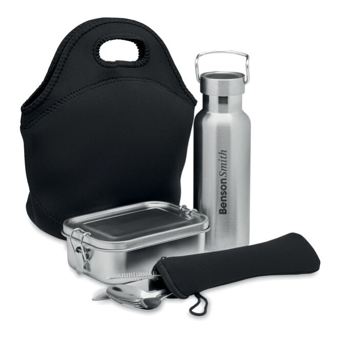 Mitarbeitergeschenk Lunch-Set Edelstahl mit Gravur – Schwarz – funktionales 3-teiliges Set für Büro und Unterwegs
