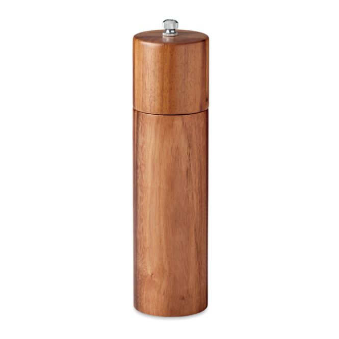 Firmengeschenk Pfeffermühle aus Akazienholz mit Gravur – Holzfarben – stilvolles Küchenzubehör für die Gastronomie und das Büro