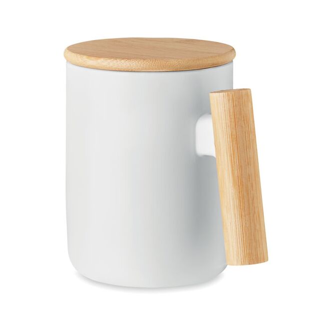 Firmengeschenk Kaffeebecher Porzellan – weiss – mit Logodruck 380 ml nachhaltig mit Bambusdeckel für die Büroküche