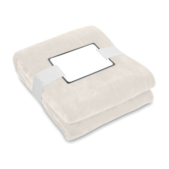 Kundengeschenk nachhaltige Fleece-Decke aus rPET 280g/m² – beige – mit Logo bedruckt für Firmen-Events