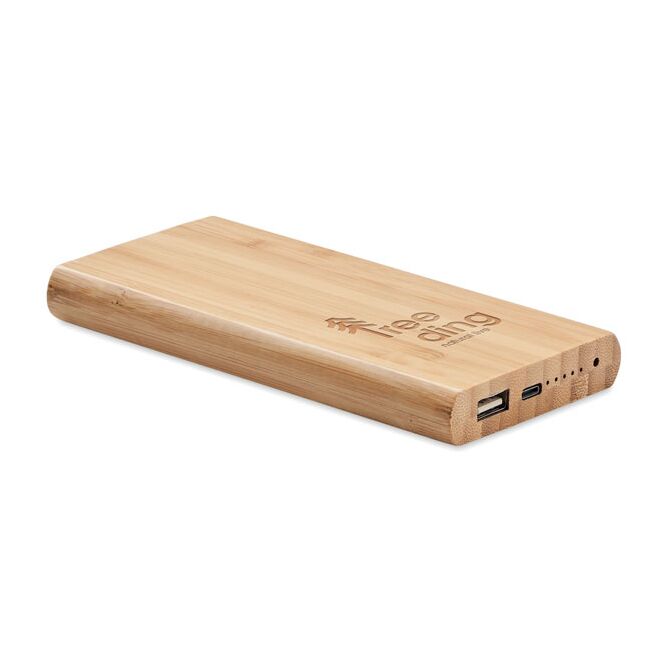 Premium-Werbegeschenk Powerbank mit induktiver Ladestation mit Gravur – Holzfarben – mobiler Energiespeicher für Geschäftspartner