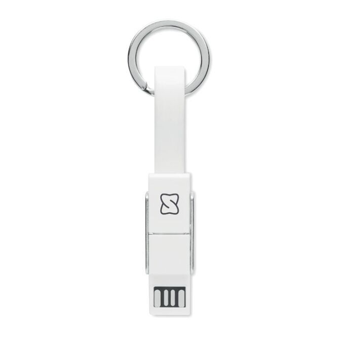 Firmengeschenk Multifunktions-Schlüsselanhänger 4in1 Kabel – weiß – mit Logo bedruckt als praktisches Messe-Giveaway