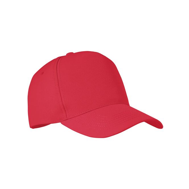 Werbeartikel Cap RPET 5 Panels – rot – mit Logodruck, 210g/m², Gr. 7 1/4, 4 Belüftungslöcher, silberne Stahlschnalle, klassisches Baseball Cap