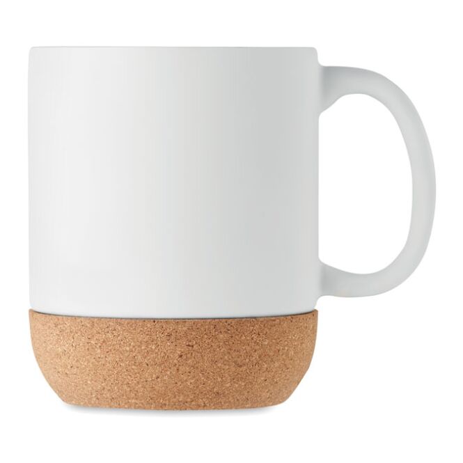 Firmengeschenk Kaffeebecher Keramik – weiß – mit Lasergravur 300ml 100% Kork Boden nachhaltiges Trinkgefäß für CSR-Promotions
