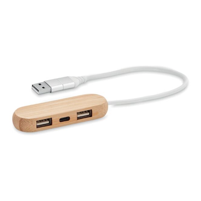 Werbeartikel 3 Port 2.0 USB Hub aus Bambus mit Gravur – Holzfarben – nützliches IT-Zubehör für Messen und Büro