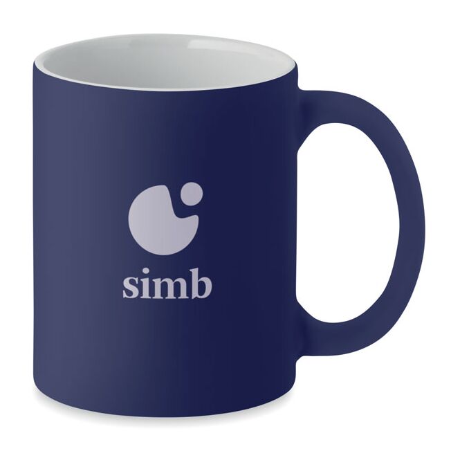 Werbeartikel Kaffeebecher matt – marineblau – mit Logodruck 300 ml für die Büroküche
