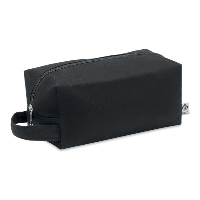 Giveaway Kosmetiktasche Canvas – schwarz – mit Logodruck, geräumiger Kulturbeutel aus Bio-Baumwolle als nachhaltiges Messe-Giveaway