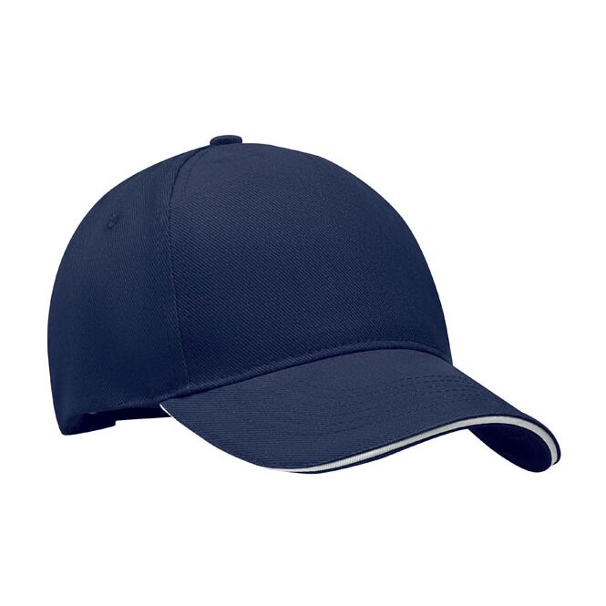 Werbeartikel Baseball Kappe 5 Panels – blau/grau – mit Logodruck Baumwolle 260 g/m² Größe 7 1/4 atmungsaktiv klassisches Baseball Cap für Events