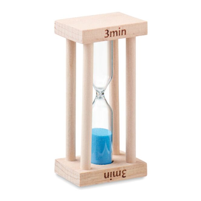 Werbeartikel Sanduhr 3 Minuten mit Gravur – Holzfarben – stilvolles Zeitmessgerät für Büro und Empfang
