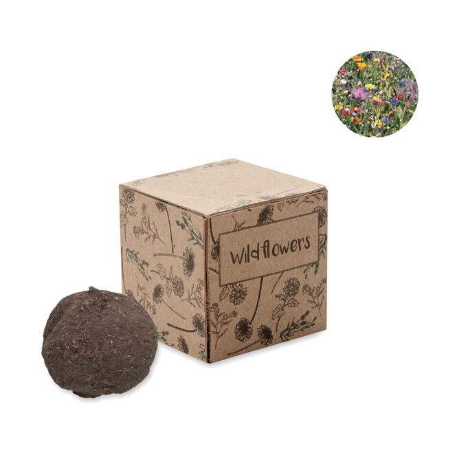 Werbeartikel Saatbombe für Wildblumen mit Logodruck – Beige – nachhaltiges Give-away für Firmen & Events