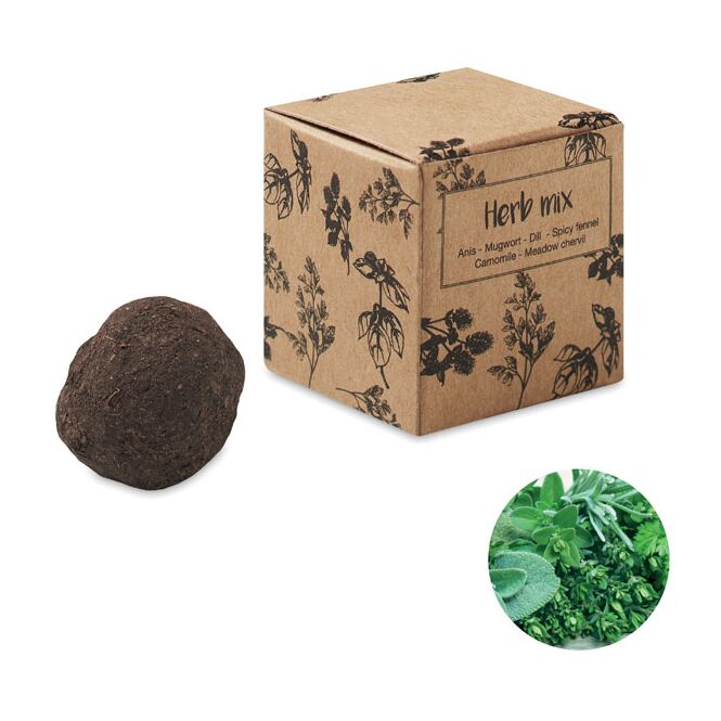 Mitarbeitergeschenk Saatbombe Kräuter-Mix – beige – mit Logodruck, Made in EU, nachhaltiges Natur-Werbemittel für CSR-Promotions