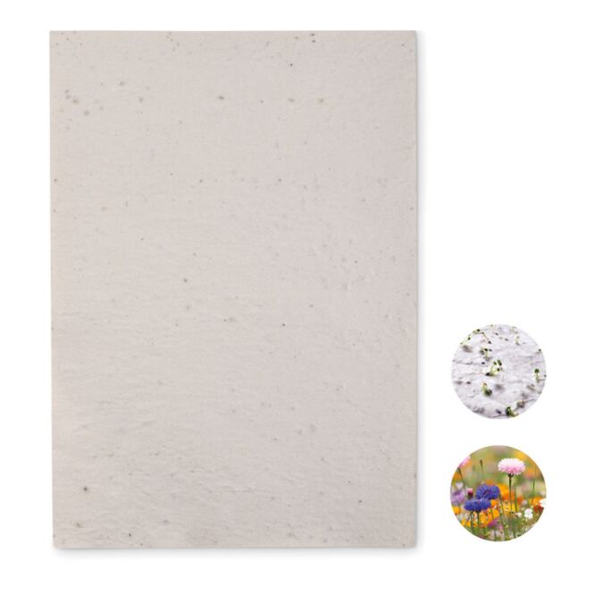 Werbeartikel Wildblumen-Samenpapier DIN A4 mit Logodruck – Weiß – nachhaltiges Papier für Marketingkampagnen