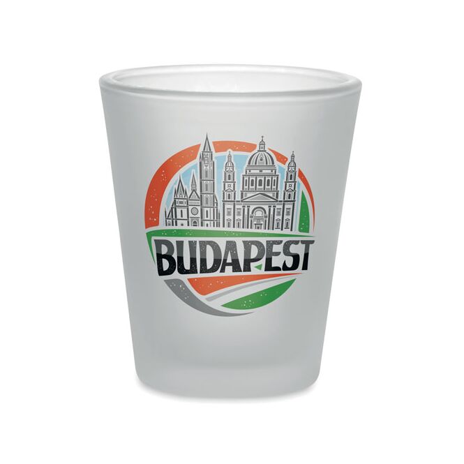 Werbeartikel Schnapsglas Subli 44ml mit Sublimationsdruck – Transparent weiß – Kleine Gläser für Gastronomie und Events
