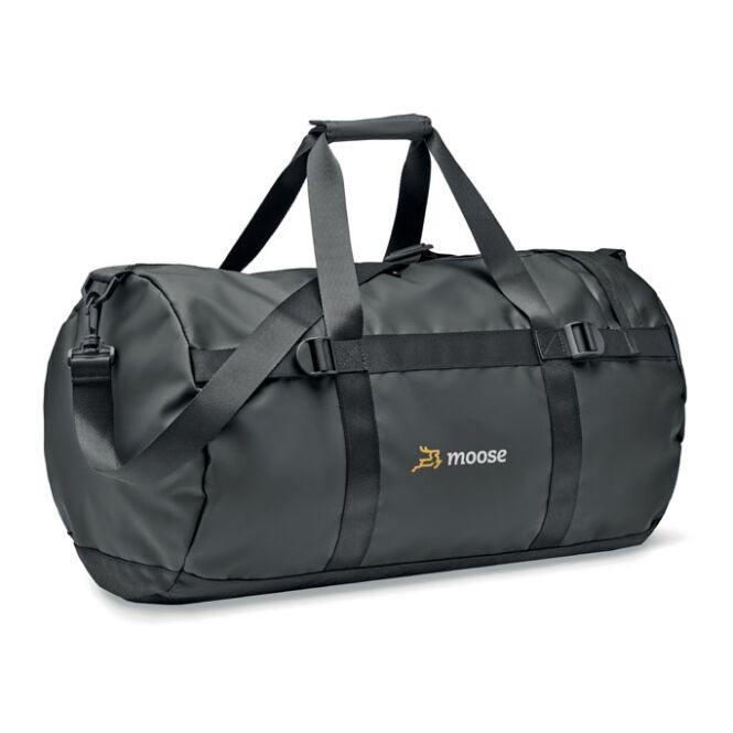 Werbeartikel Sporttasche 50C-Plane mit Logodruck – Schwarz – robuste Reisetasche für Unternehmen und Events