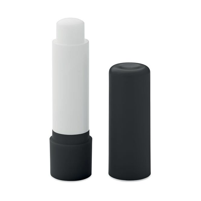 Werbeartikel Lippenpflege – schwarz – mit Logo bedruckt, SPF10, Vanille, schützende Lippenpflege als Giveaway für den Winter