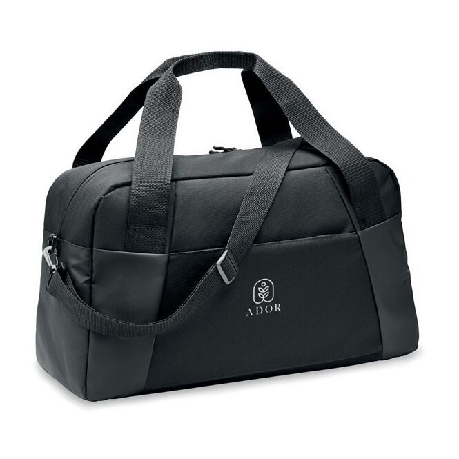 Werbeartikel Sporttasche 300D Ripstop aus RPET mit Logodruck – Schwarz – geräumige Reisetasche für Sport und Business