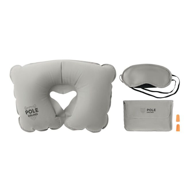 Kundengeschenk Reise-Set – grau – mit Logo bedruckt inkl. Reisekissen, Schlafmaske & Ohrstöpseln in Tasche für Firmen-Events