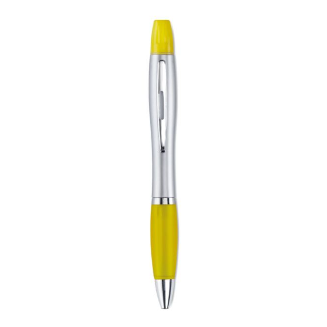Werbeartikel 2in1 Stift mit Textmarker – gelb – mit Logo bedruckt für den Büroalltag