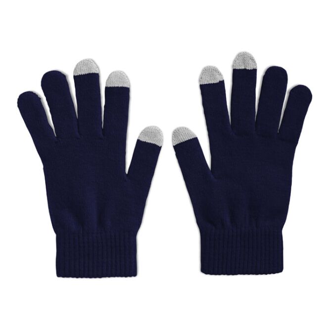 Mitarbeitergeschenk Handschuhe Acryl – blau – mit Logodruck 30% Edelstahlanteil für Touchscreens, ideales Werbemittel