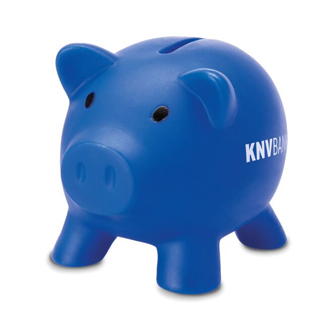 Werbeartikel Sparschwein Schweinsiki – blau – mit Logo bedruckt für Büroorganisation