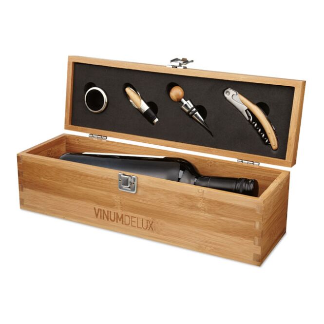 Firmengeschenk Weinset mit Bambusbox mit Gravur – Holzfarben – Weinaccessoires für Kunden und Mitarbeiter