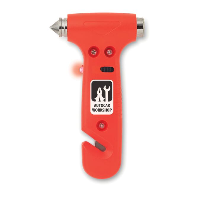 Werbeartikel 3 in 1 Notfall-Hammer mit Logodruck – Orange – Sicherheitstool mit LED und Cutter für Firmenwagen und Fuhrpark
