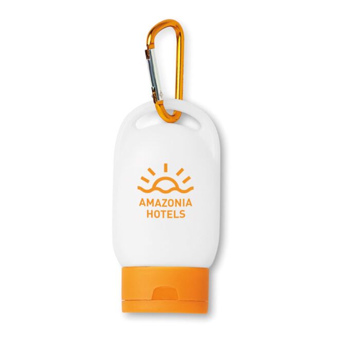 Werbegeschenk Sonnencreme LSF 25 30ml – orange – mit bedrucktem Etikett für Outdoor-Events
