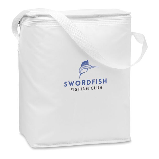 Werbeartikel Kühltasche für 1,5l Flaschen mit Logodruck – Weiß – isolierte Tasche für Messen und Büro