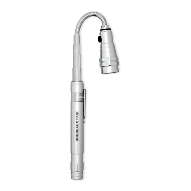 Werbeartikel Taschenlampe Teleskop – silber – individuell bedruckbar 3 LED Magnetclip 57cm als kompakter Lichtspender