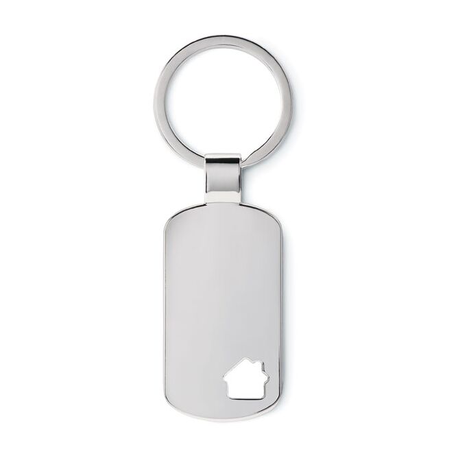 Firmengeschenk Metallschlüsselanhänger Haus – transparent grau – mit Logo bedruckt für Immobilienmakler & als Messe-Werbemittel