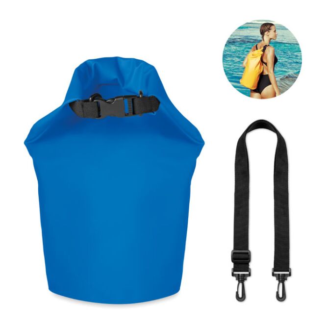 Werbeartikel Seesack – königsblau – mit Logo bedruckt 10l robuster wasserdichter Drybag als praktisches Messe-Giveaway für Events