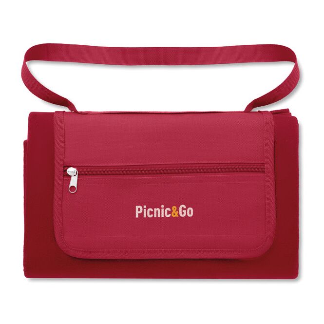 Werbeartikel Picknickdecke aus Fleece mit Logodruck – Rot – Outdoor Sitzunterlage für Firmen-Events