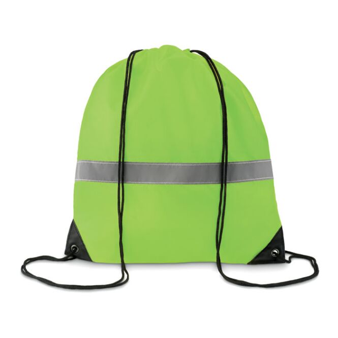 Werbeartikel Turnbeutel mit Logodruck – 36x40 cm – Neongelb – reflektierende Sporttasche für Mitarbeiter und Kunden