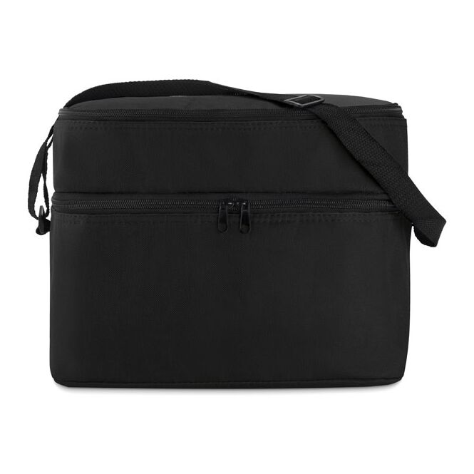 Werbeartikel Kühltasche mit 2 Fächern und Logodruck – Schwarz – isolierte Tragetasche für Firmenveranstaltungen