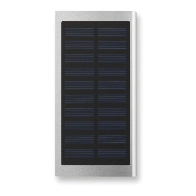 Werbeartikel Solar Powerbank 8000 mAh mit Gravur – Mattsilber – leistungsstarker mobiler Energiespeicher für Geschäftspartner und Büro