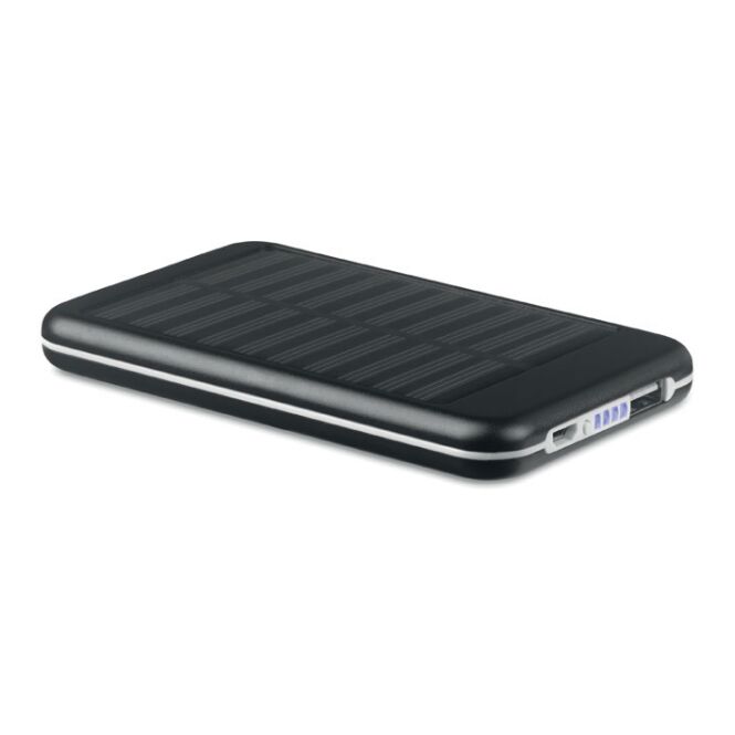 Kundengeschenk Solar Powerbank 4000 mAh – schwarz – lasergraviert nachhaltige Öko-Tech mit USB für das Mitarbeiter-Onboarding