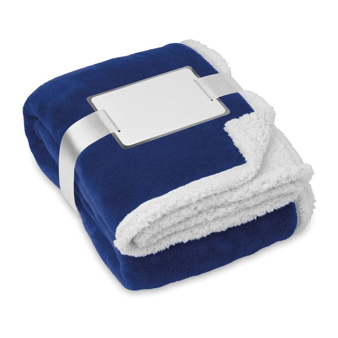 Werbeartikel Coral Fleece-Decke 200 g/m² mit Sherpa-Rückseite – blau – mit Logo bedruckt für Firmen-Events
