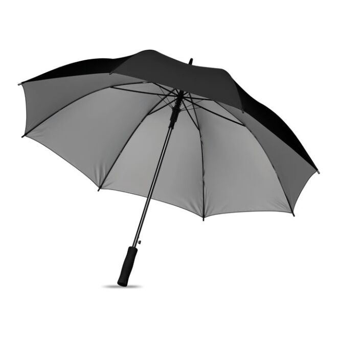 Werbeartikel Regenschirm mit Siebdruck – Schwarz – automatischer Stockschirm für Firmen und Messen