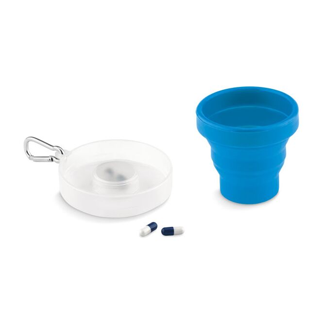 Werbeartikel faltbarer Silikonbecher mit Logodruck – Blau – praktischer Reisebecher mit Pillendosierer und Karabiner für Büro & Messen