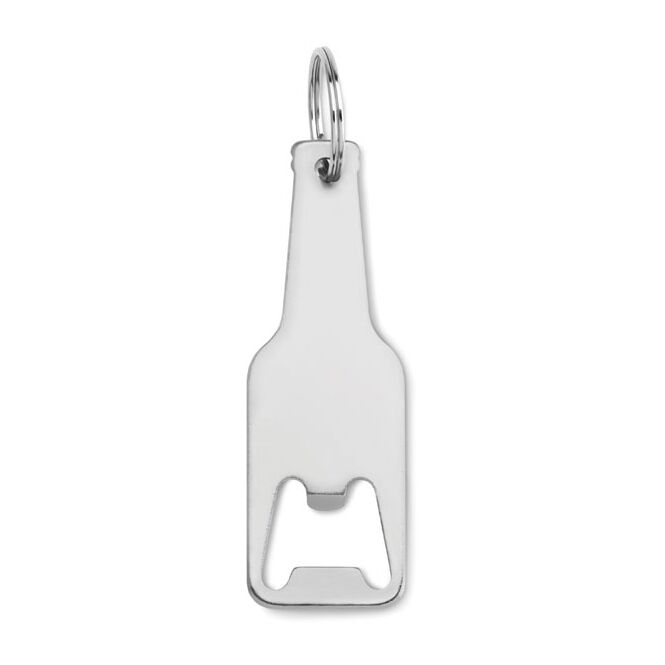 Kundengeschenk Schlüsselanhänger mit Flaschenöffner – silber – mit Gravur als praktisches Messe-Giveaway für Firmen-Schlüsselbunde