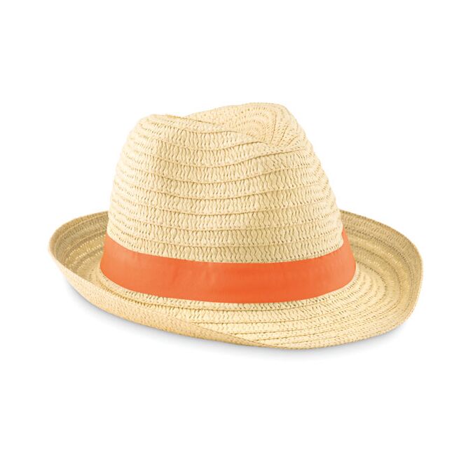 Werbeartikel Strohhut Natur – orange – mit Logodruck für Sommer-Events, trendiges Kopfbedeckungs-Accessoire für Firmenkunden