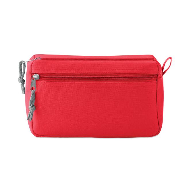 Werbeartikel Kosmetiktasche mit Siebdruck – Rot – PVC-freie Kulturtasche mit Doppelreißverschluss für Firmen und Business-Reisen