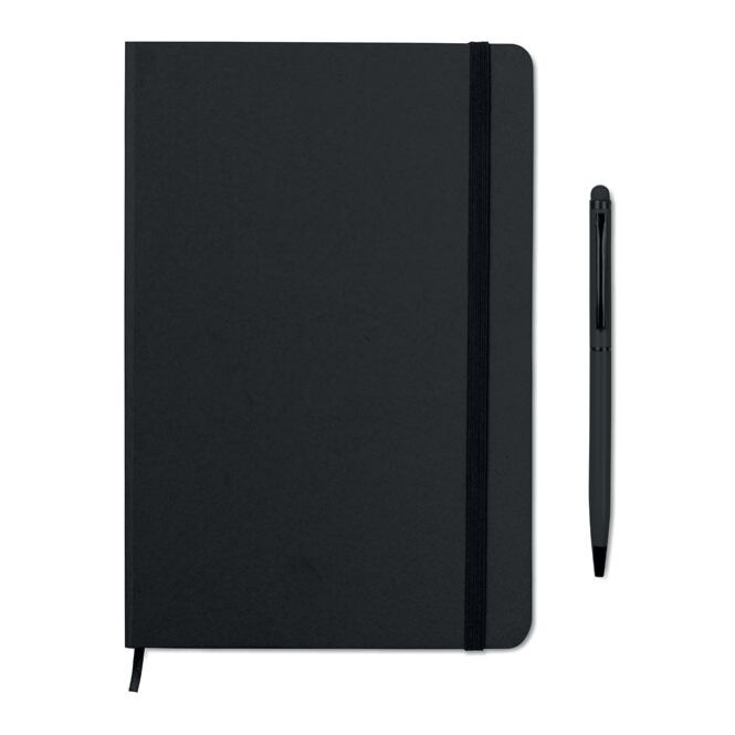 Firmengeschenk DIN A5 Notizbuch mit Stylus – schwarz – mit Logo bedruckt für Meetings & Konferenzen