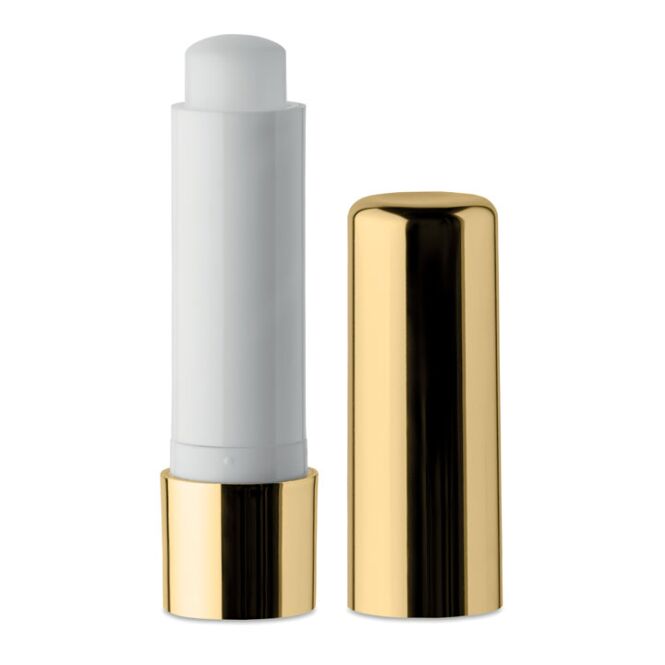 Werbeartikel Lippenpflege UV Gloss – gold – mit Logo bedruckt reichhaltige Pflege für trockene Lippen als Giveaway im Winter