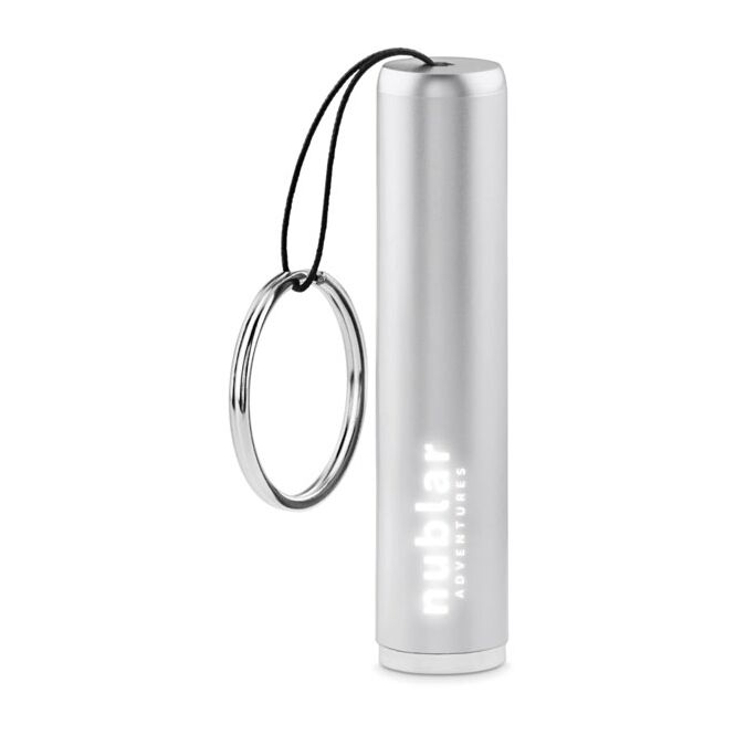 Premium-Werbeartikel LED Taschenlampe – silber – mit lasergraviertem Logo Kunststoff Schlüsselanhänger für Firmen als Werbegeschenk