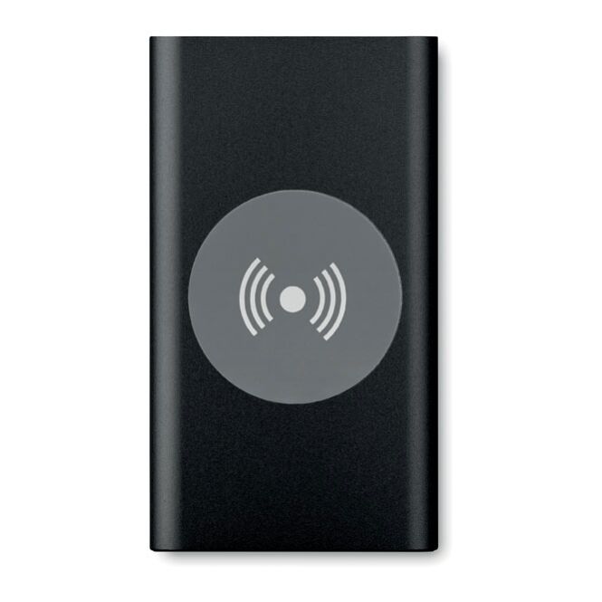 Werbeartikel Induktive Ladestation mit Powerbank mit Gravur – Schwarz – leistungsstarke Ladetechnik für Büro und geschäftliche Reisen