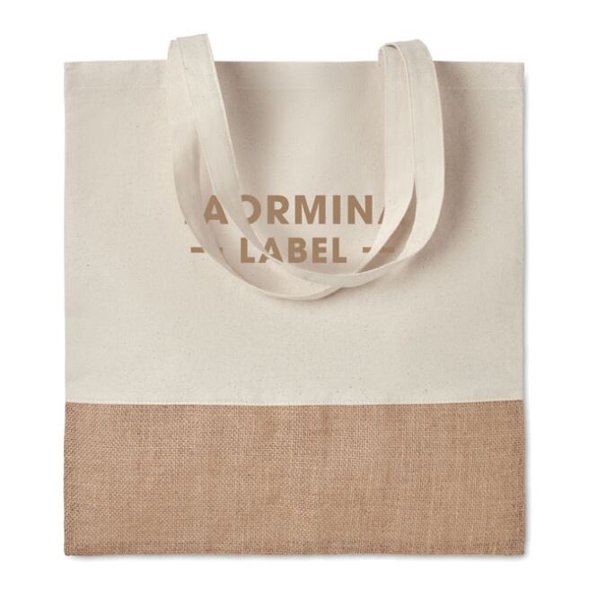 Werbeartikel Einkaufstasche mit Jutebesatz mit Logodruck – Beige – nachhaltige Baumwolltasche für Messen und Firmen