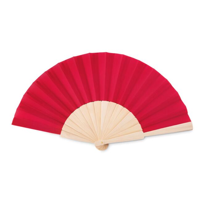 Werbegeschenk Handfächer aus Holz und Polyester – rot – mit Logo bedruckt für Strand-Promotions