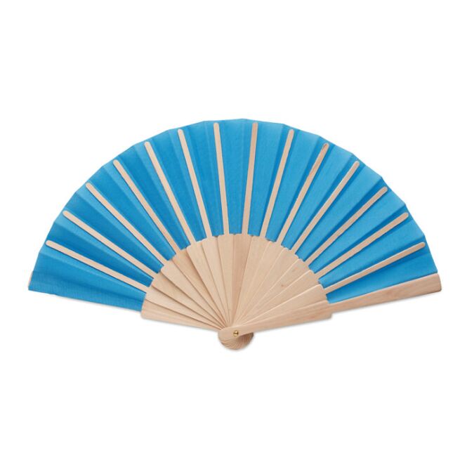 Werbeartikel Handfächer Holz-Polyester – königsblau – mit Logo bedruckt für Strand-Promotions