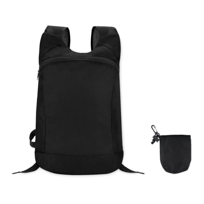 Werbeartikel faltbarer Sport-Rucksack aus Polyester mit Logodruck – Schwarz – kompakter Beutel für Sportevents und Fitnesskurse